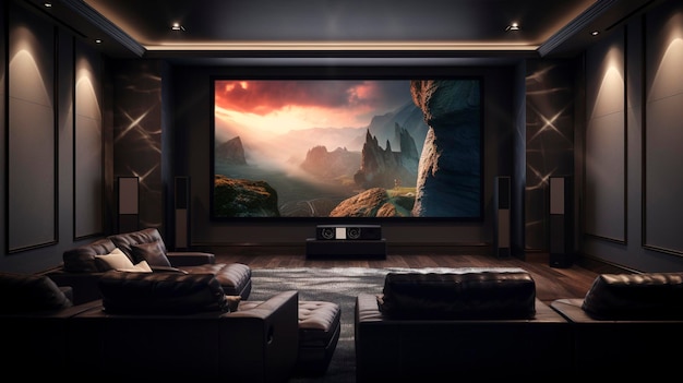 Una foto de un cine en casa con asientos lujosos y una pantalla grande.