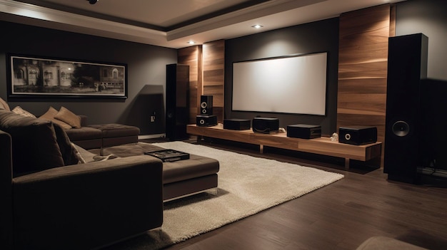 Una foto de un cine en casa minimalista con sonido envolvente