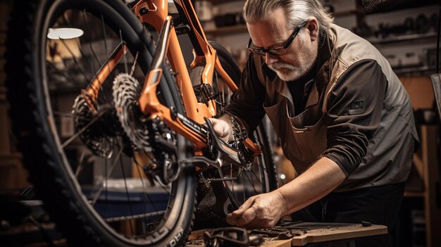 Foto foto cinemática ruedas de precisión una exploración detallada de las manos de un mecánico de bicicletas experto