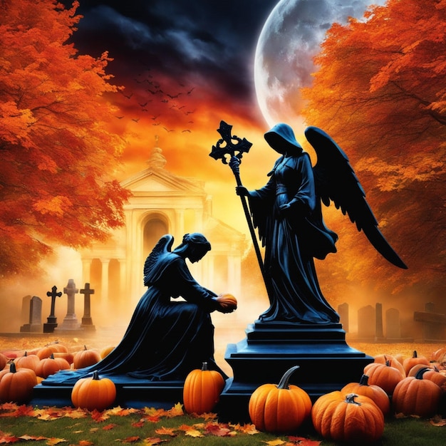 Foto cinematográfica de un ángel y Grim Reaper abrazándose en un cementerio otoñal.