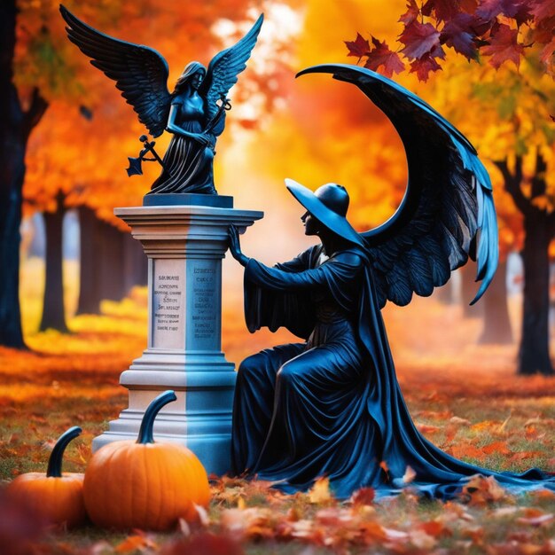 Foto cinematográfica de un ángel y Grim Reaper abrazándose en un cementerio otoñal.