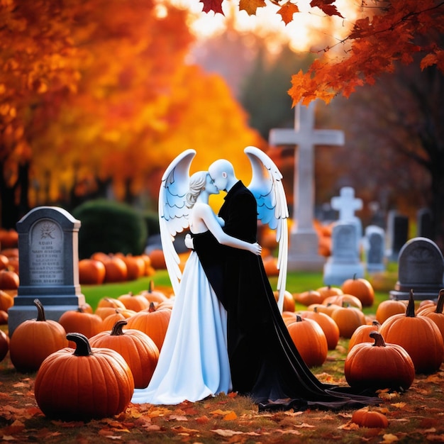 Foto cinematográfica de un ángel y Grim Reaper abrazándose en un cementerio otoñal.
