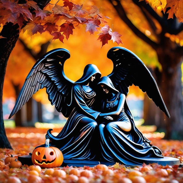 Foto cinematográfica de un ángel y Grim Reaper abrazándose en un cementerio otoñal.