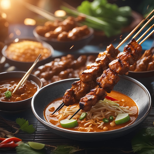 Foto cinematográfica de delicioso satay indonésio com fumaça fina gerada por ferramentas de IA