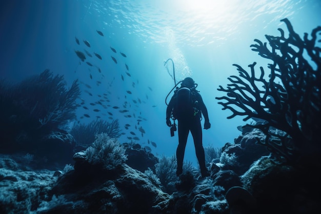 Foto cinematográfica de Diver Coral Reef