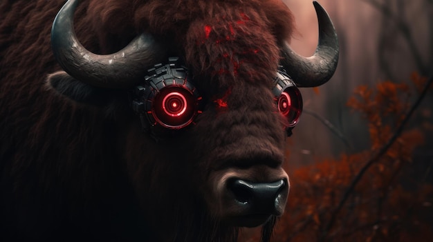 Foto cinematográfica de um robô bisonte surreal com olhos vermelhos