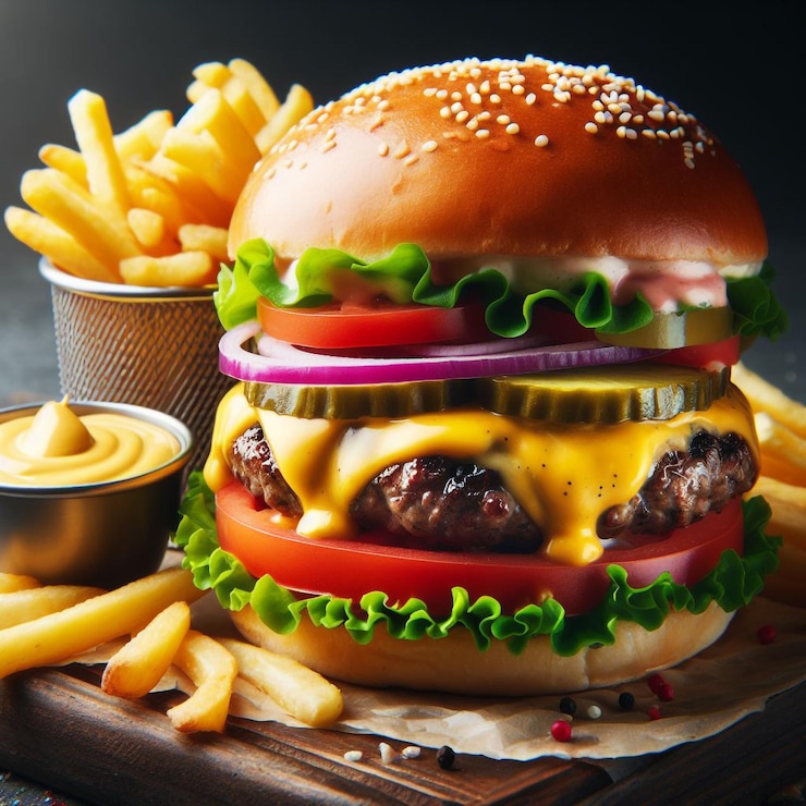 una foto cinematográfica de una deliciosa hamburguesa con papas fritas y salsa de queso