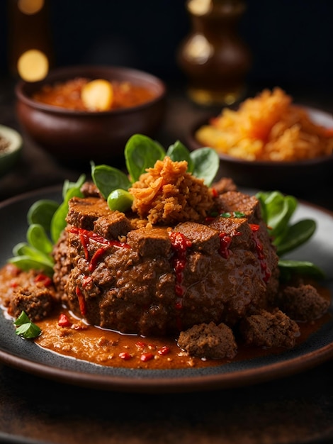 Foto cinematográfica hiperrealista del retrato de comida indonesia de rendang