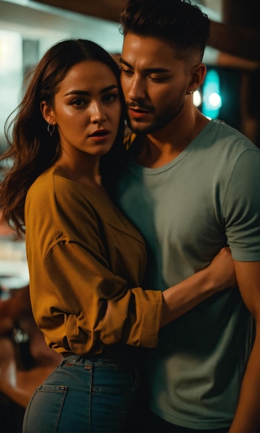 Foto cinematográfica latina louca possessiva ex-namorado agarra mulher assustada detalhes realistas ultra 8k