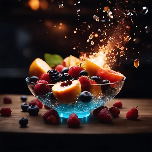 foto cinematográfica un plato de fruta explotando en llamas fuego pedernal chispas