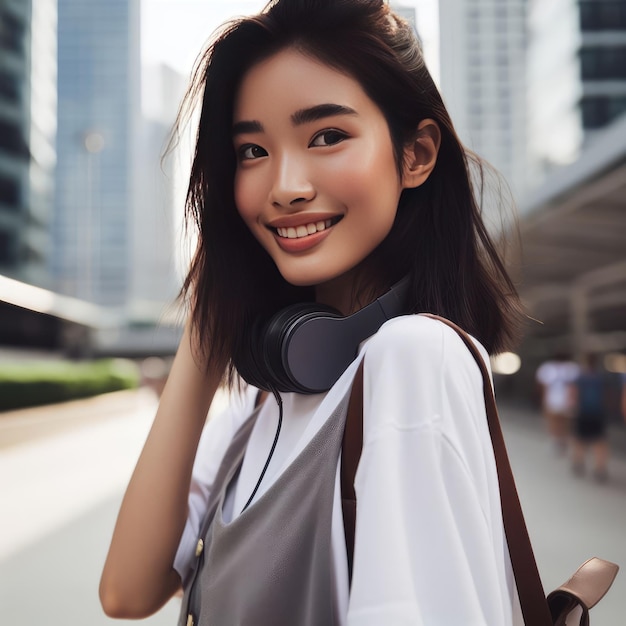 foto de la cintura hacia arriba retrato de una hermosa mujer morena lleva auriculares