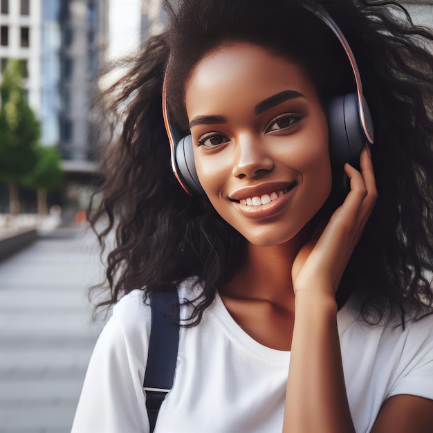 foto cintura para cima retrato de bela mulher morena usa fones de ouvido