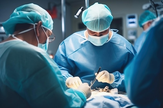 Foto de cirujanos realizando una cirugía compleja en un quirófano moderno Un grupo de cirujanos realizando una cirugía a un paciente