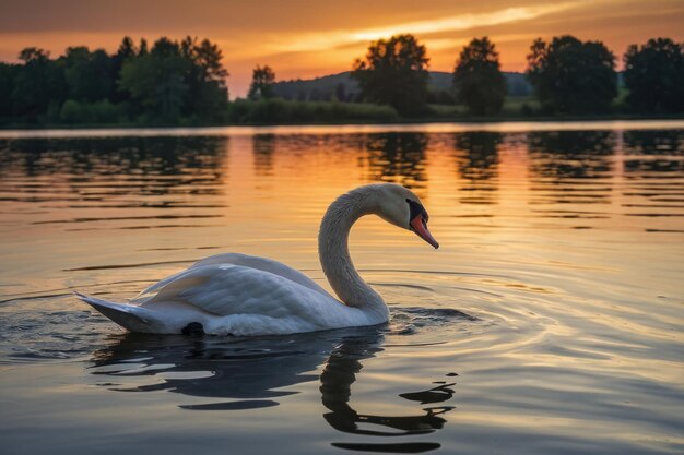 Foto de un cisne gracioso en un lago tranquilo al atardecer