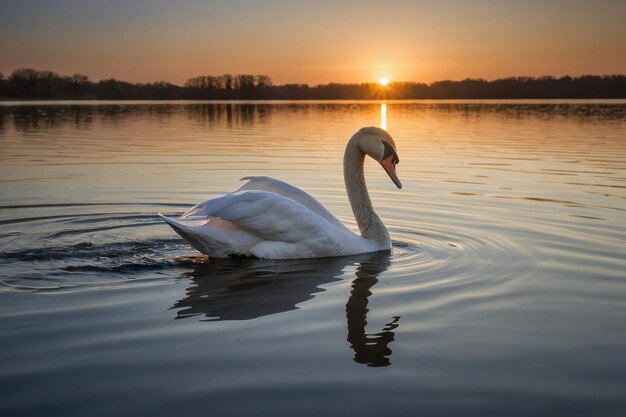 Foto de un cisne gracioso en un lago tranquilo al atardecer