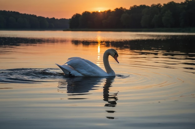 Foto de un cisne gracioso en un lago tranquilo al atardecer