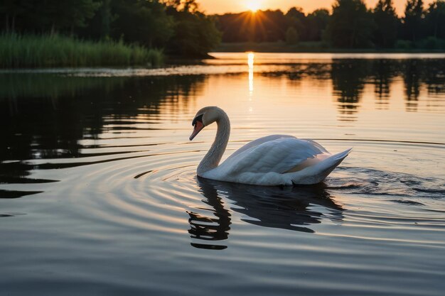 Foto de un cisne gracioso en un lago tranquilo al atardecer