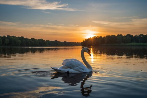 Foto de un cisne gracioso en un lago tranquilo al atardecer