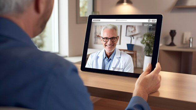 Foto una foto de una cita de telemedicina en una tableta