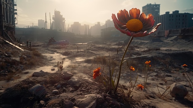 Una foto de una ciudad en ruinas con una flor en primer plano.