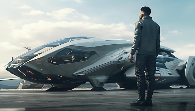 Una foto clara de un hombre de pie cerca de un vehículo de estilo futurista