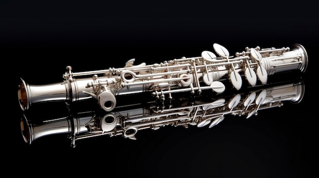 Foto una foto de un clarinete plateado brillante contra un fondo elegante