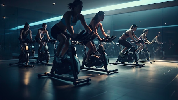 Una foto de una clase de spinning o ciclismo.