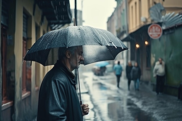 Foto de clima lluvioso de un hombre con un paraguas caminando