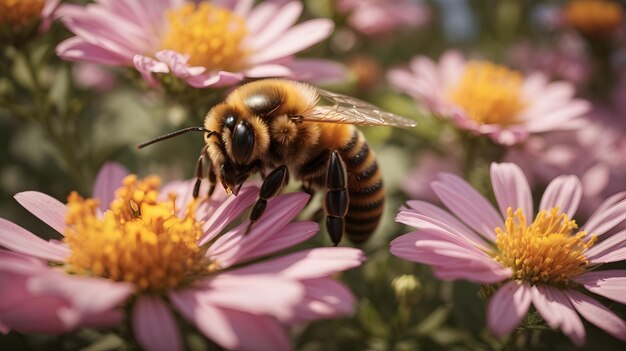 foto close de abelha e flor em uma cena de jardim floral