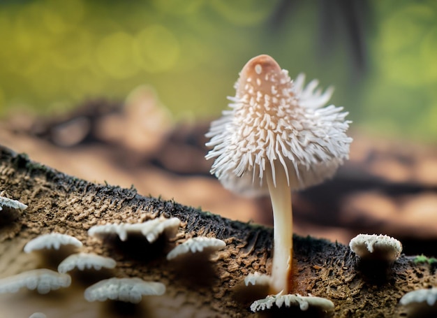 Foto foto close-up hiper-focado em pequeno cogumelo crina peluda na madeira