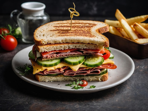 Foto-Club-Sandwich mit Käse, Gurke, Tomaten, geräuchertem Fleisch und Salami, serviert mit Pommes Frites