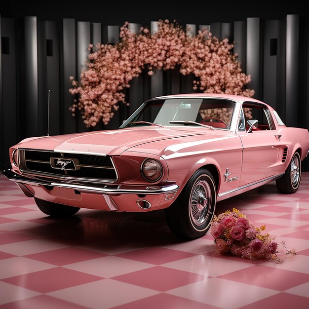 Foto coche clásico mustang rosa con fondo de naturaleza Imagen generada por IA