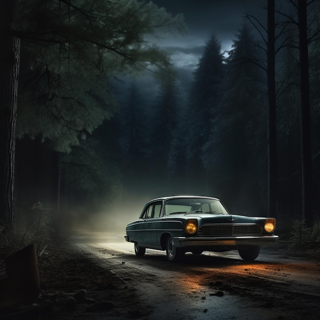 la foto del coche está conduciendo por la carretera por la noche en el bosque