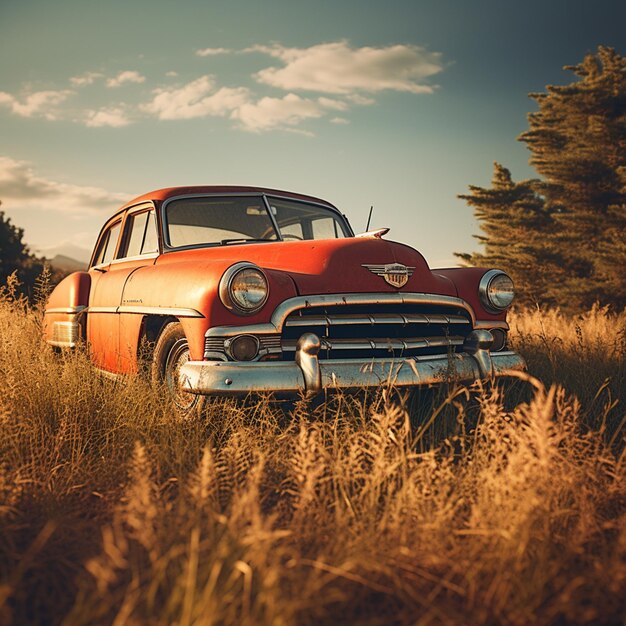 Foto de coche retro estacionado en el césped