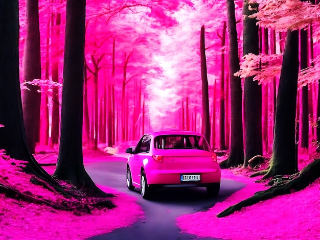 Foto de coche sedán rosa en un vector de fondo rosa bajo un árbol