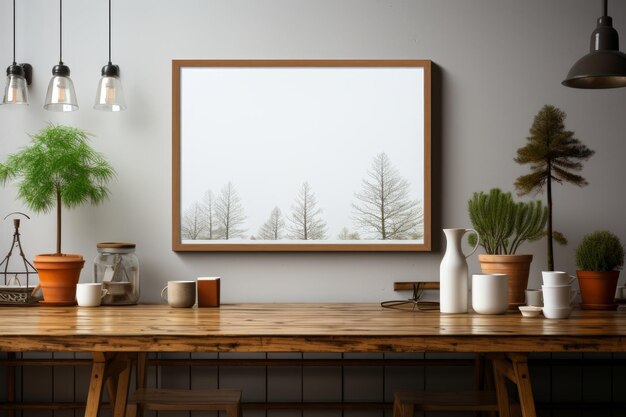 Foto de una cocina con un marco en blanco para una maqueta