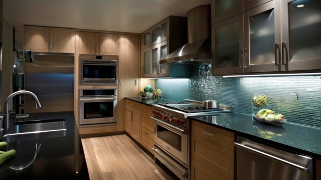 Una foto de una cocina moderna con electrodomésticos de acero inoxidable y backsplash