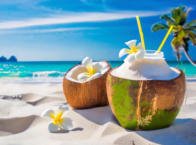 Foto de coco fresco con flor de plumeria decorada en una playa de arena limpia con olas marinas