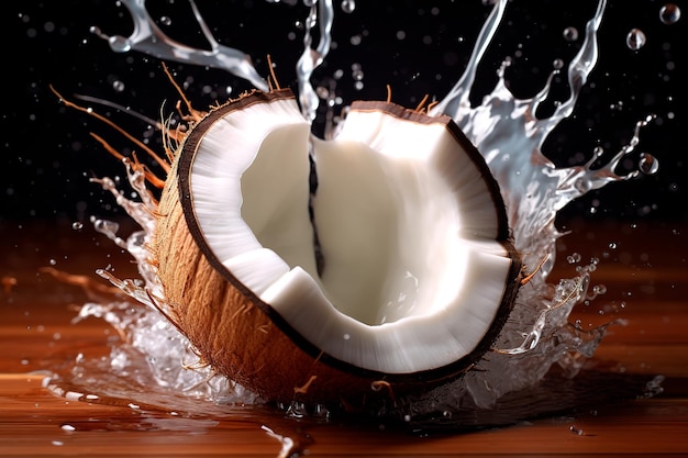 foto de coco seco con un chorrito de agua de coco