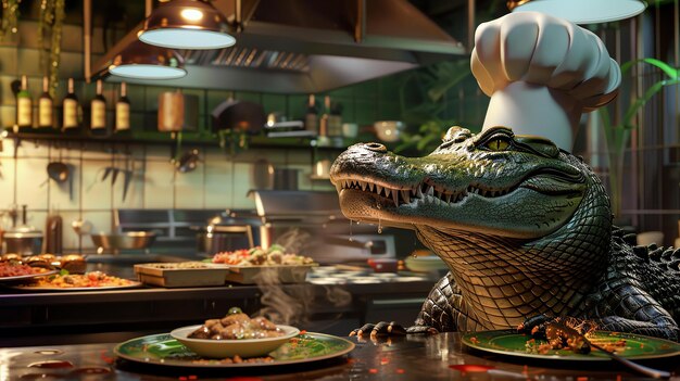 Una foto de un cocodrilo con un sombrero de chef y un delantal sentado en la cocina de un restaurante