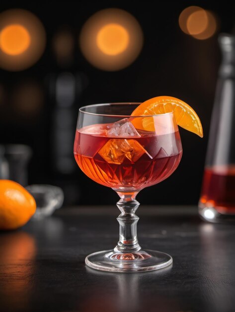 Foto de un cóctel de Negroni con un toque de naranja