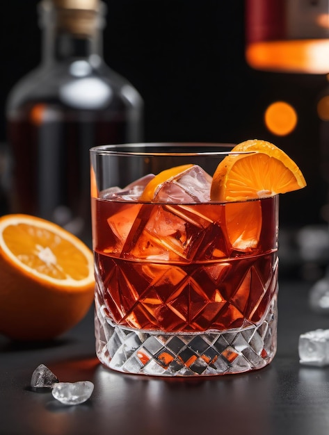 Foto de cóctel de Negroni en vidrio de cristal con cubos de hielo y rebanada de naranja