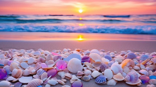 Una foto de una colección de conchas marinas coloridas en el telón de fondo de la costa arenosa de la playa