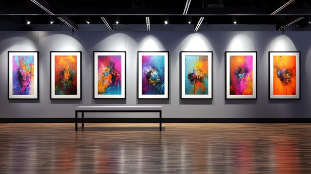 Una foto de una colección de iluminación de galería de piezas de arte abstracto.