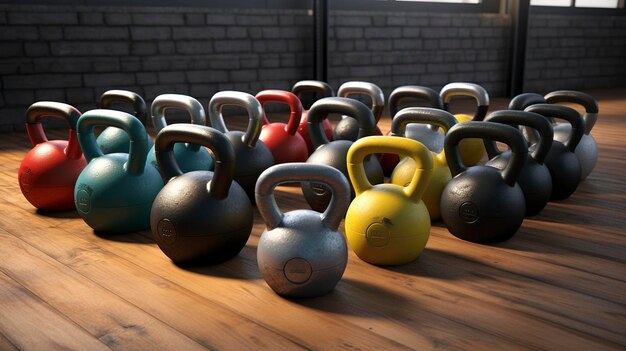 Foto foto de una colección de kettlebells