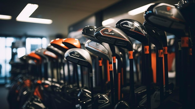 Una foto de una colección de palos de golf en una tienda de golf