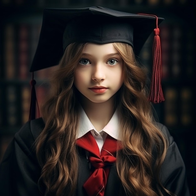 Una foto de una colegiala con un sombrero de maestro.