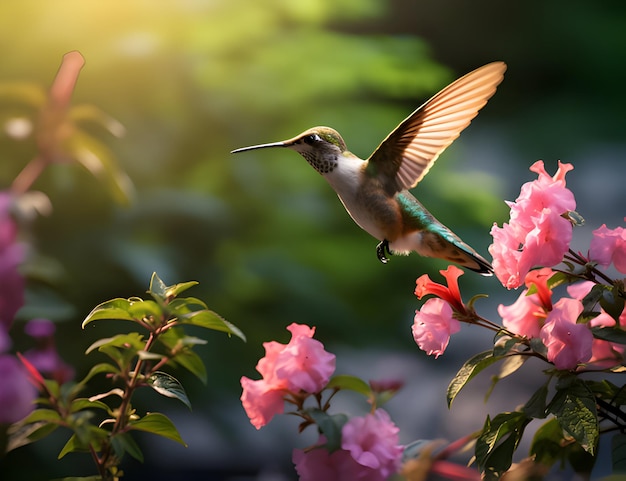 Foto foto colibrí violet sabrewing volando junto a una hermosa flor en el bosque tropical generativo ai