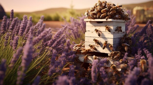 Una foto de una colmena rodeada de arbustos de lavanda