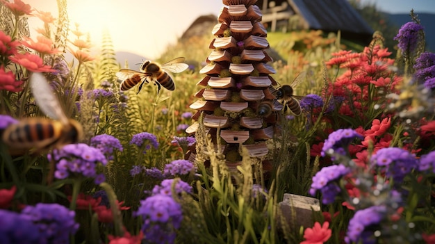 Una foto de una colmena rodeada de flores silvestres